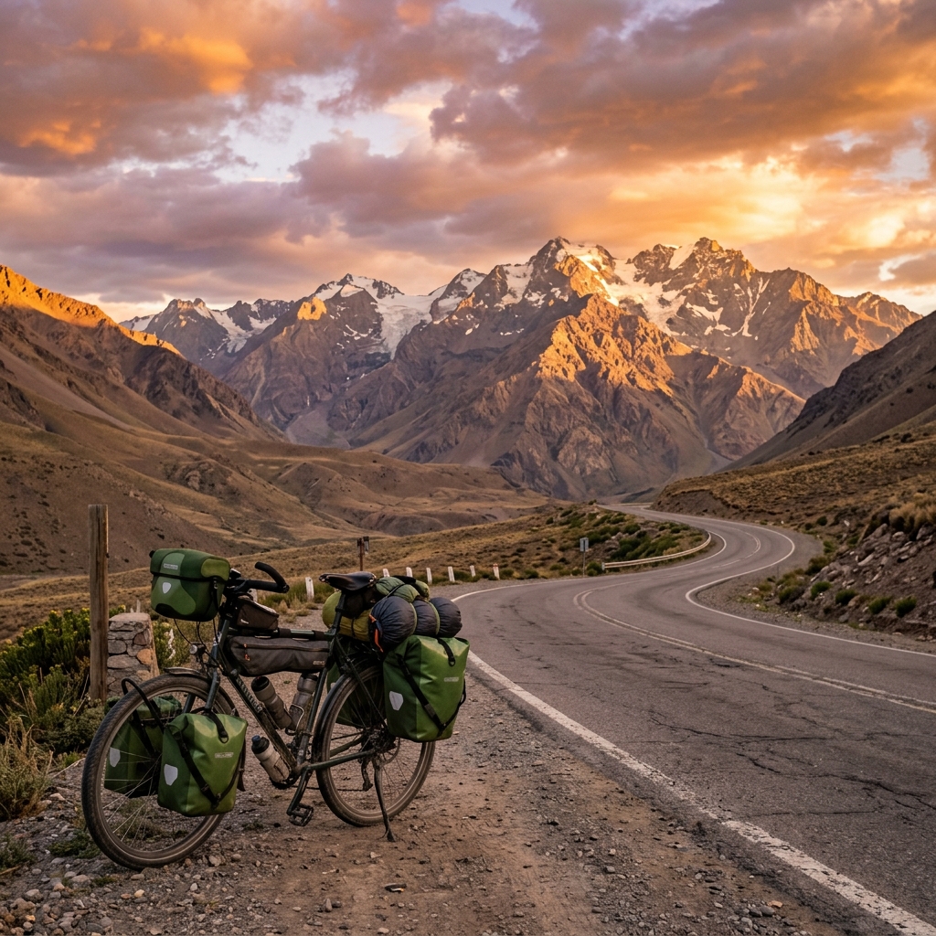 Bicicleta cargada en una ruta chilena
